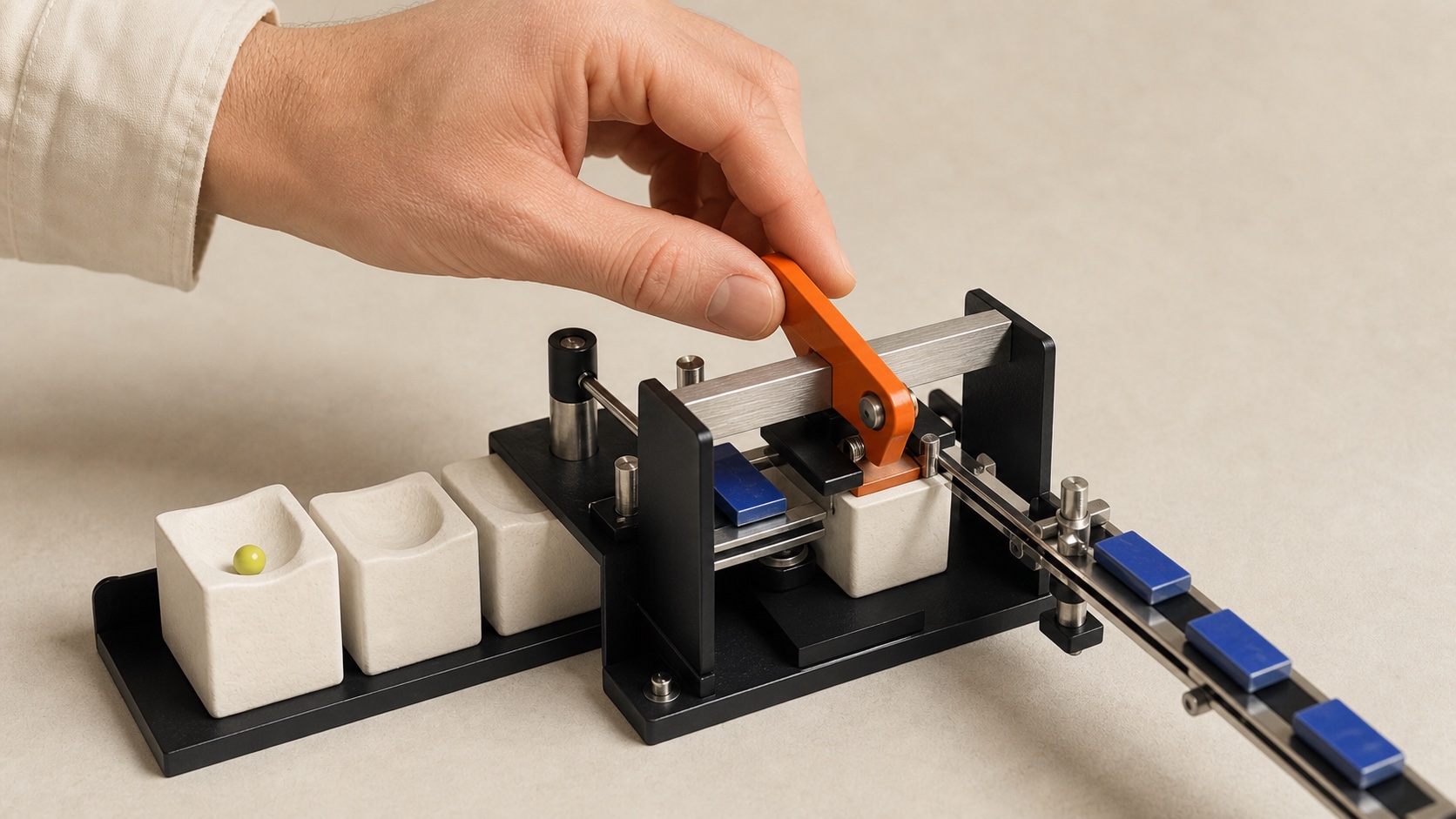 Eine Hand bedient den orangefarbenen Freigabehebel an der Theta Loop Apparatur.